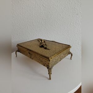 MC Globe Ornate Brass Trinket Box  Floral 24k Gold Plated 4 Footed